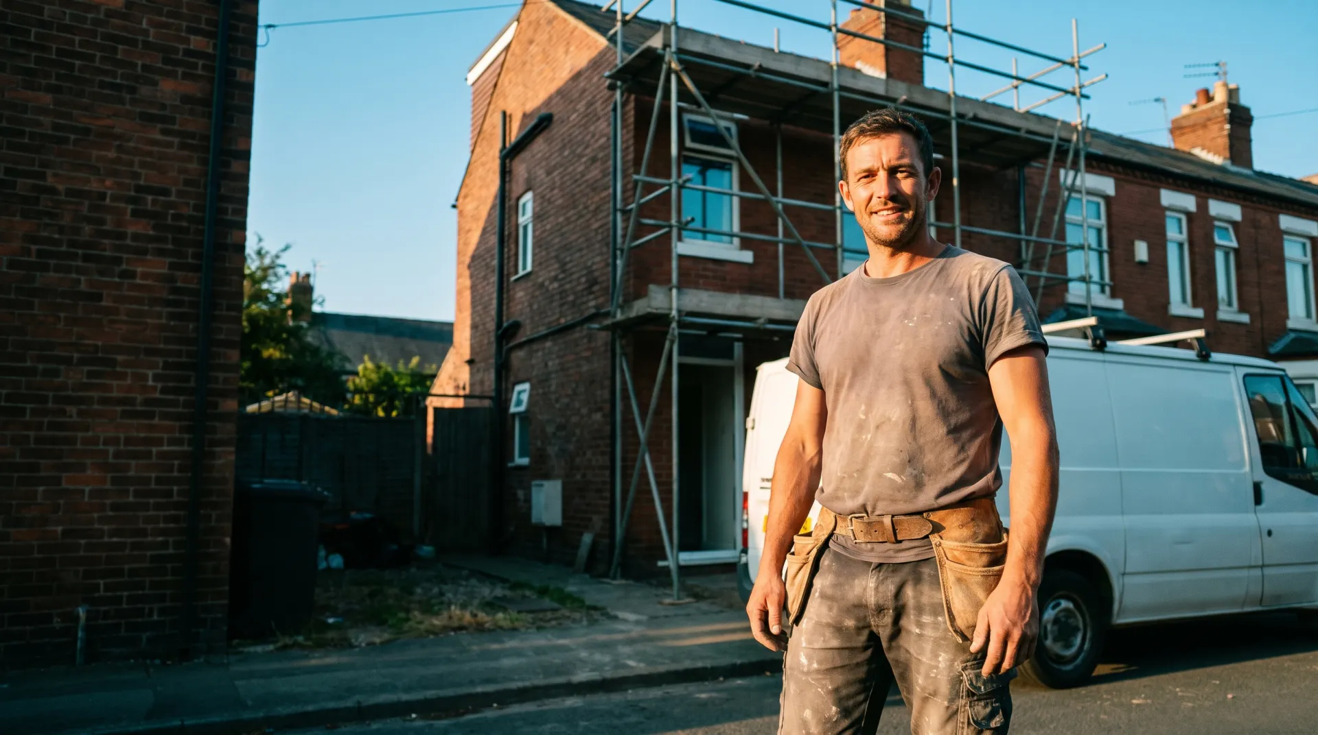 A UK plumber in workwear outside a brick house with his van at golden hour