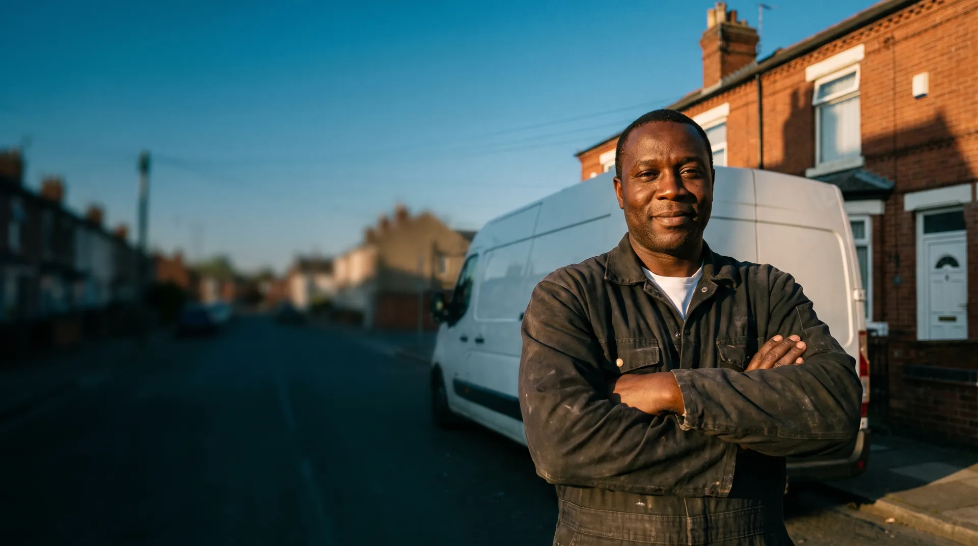 A confident Black British heating engineer standing arms folded by his white van outside a brick house at golden hour
